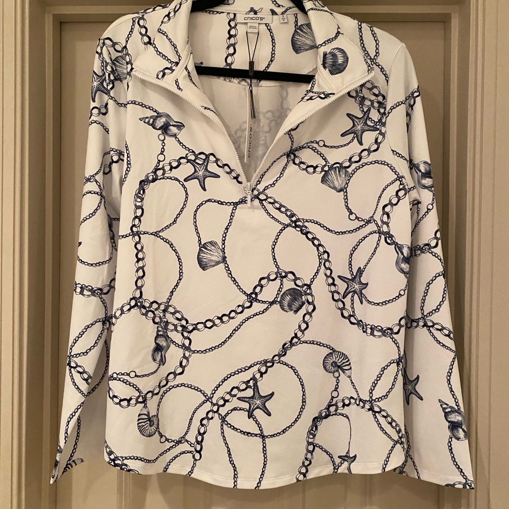 Chico's NWT White Quarter Zip Athletic Golf Tennis Top with Blue Nautical Design